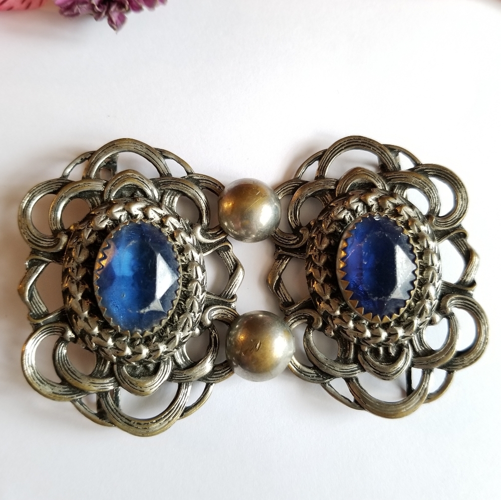 Vintage blue glass gems pendant choker belt sash silver tone victorian revival